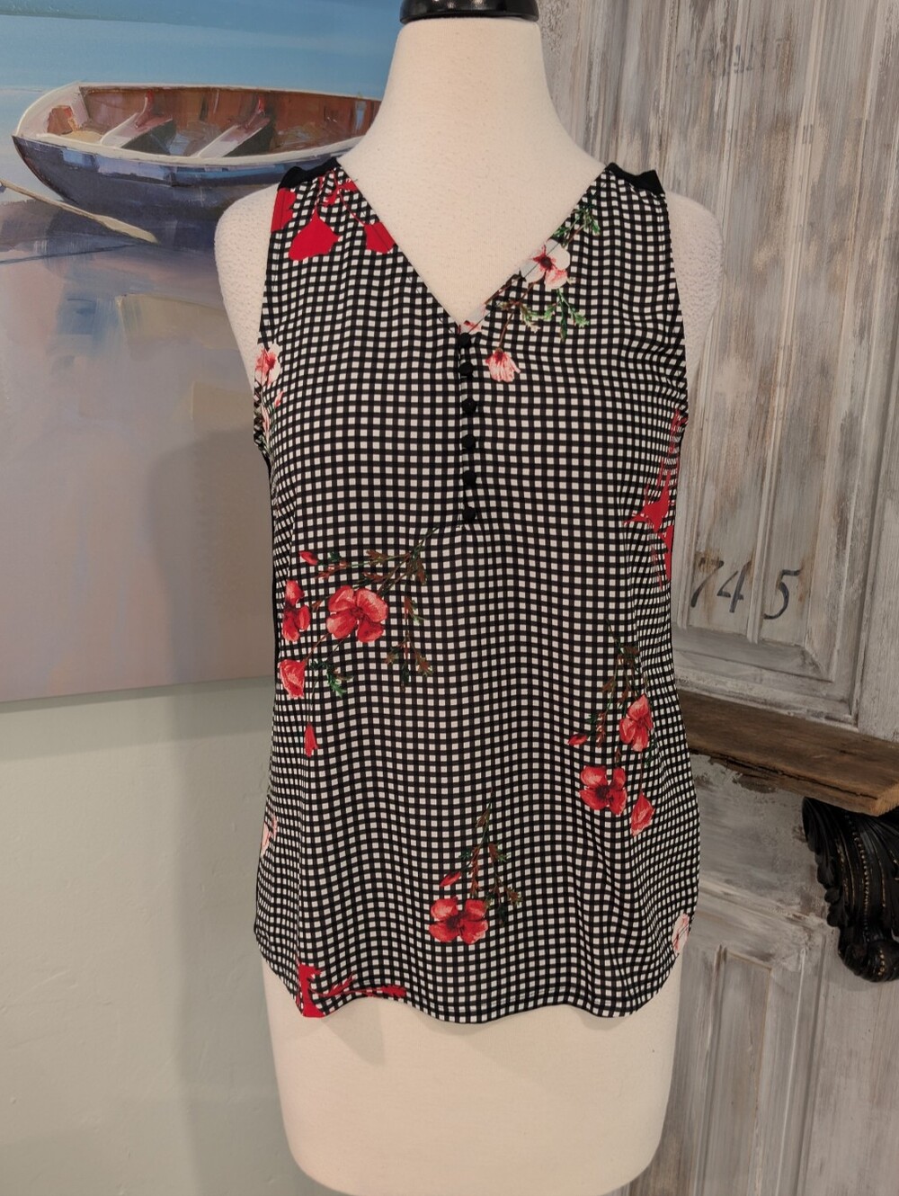 Express Black Gingham V-Neck Floral Button-Front Cami